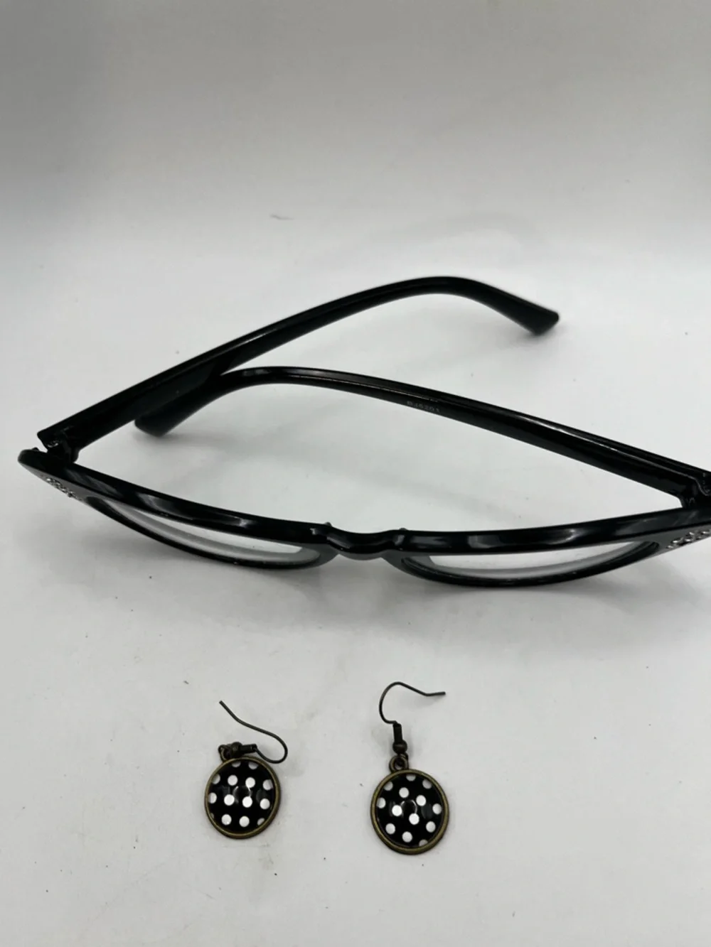 Black Cat Eye Glasses with Rhinestone Accent and Earrings 1950s Themed Costume